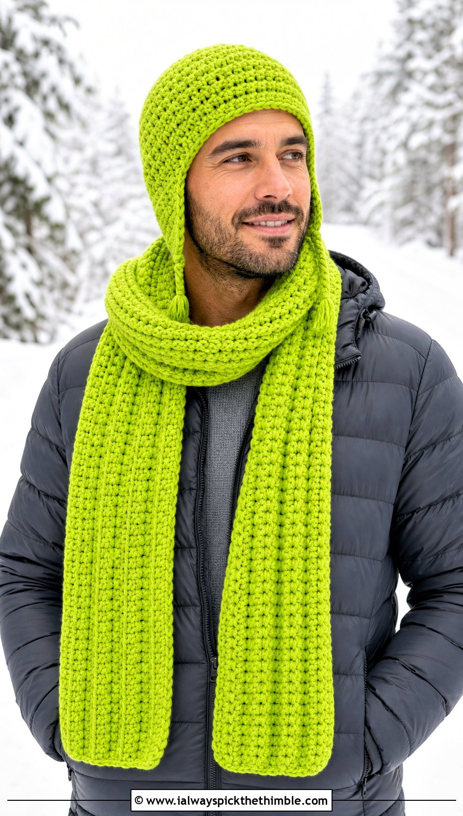 Crochet Earflap Hat And Chunky Scarf With Puffer Jacket - 20 Crochet Mens Hat And Scarf outfit ideas