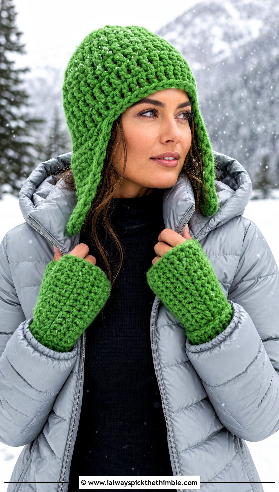 Crochet Earflap Hat And Gauntlet Hand Warmers With Puffer Jacket - 15 Crochet Hat With Hand Warmer outfit ideas