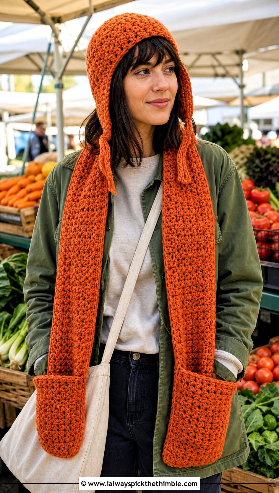 Crochet Earflap Hat And Pocket Scarf With Utility Jacket - 15 Crochet Scarf Hat outfit ideas