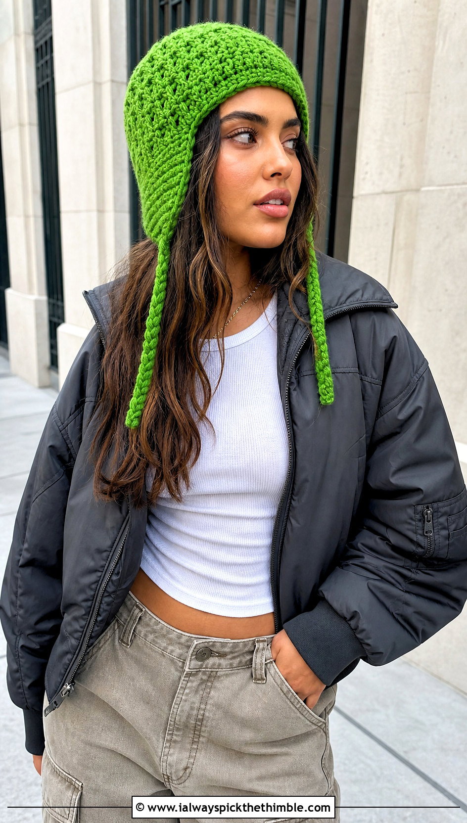Crochet Earflap Hat With Cargo Pants And Bomber Jacket - 20 winter crochet hat for women outfit ideas