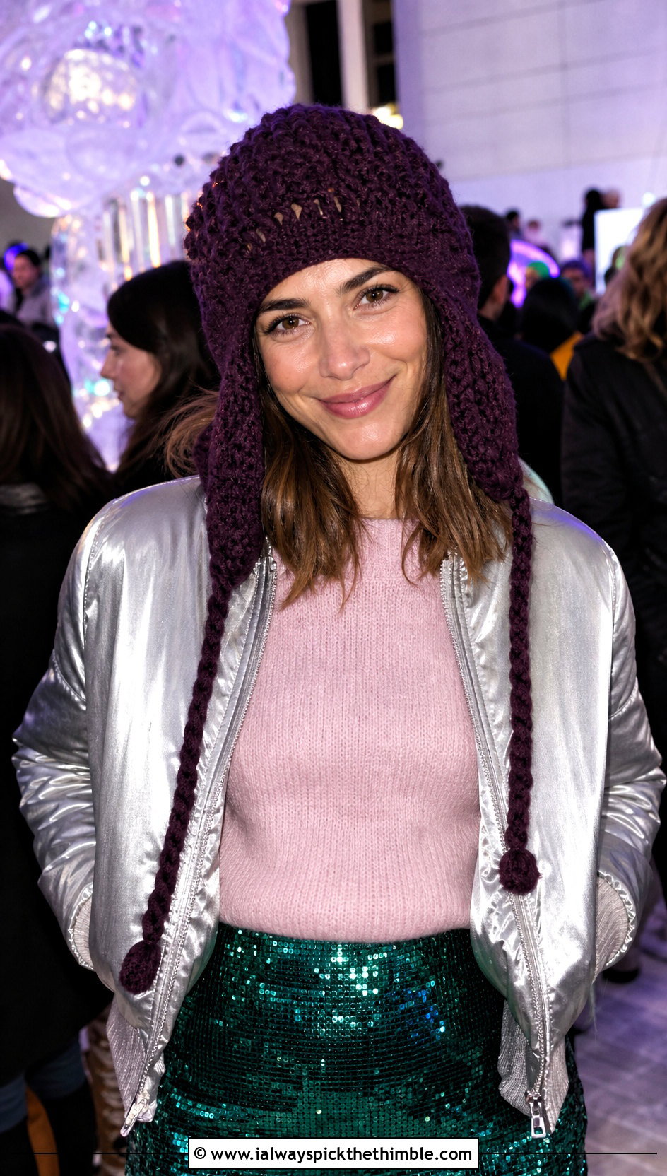 Crochet Earflap Hat With Sequin Midi Skirt - 20 party crochet hat outfit ideas