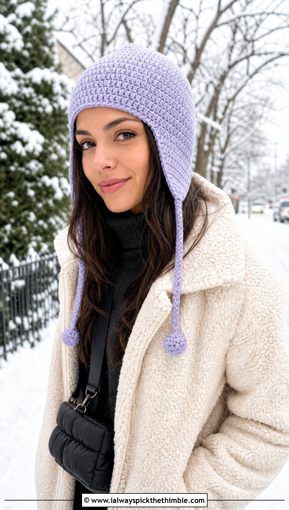 Crochet Earflap Hat With Shearling Coat And Leggings - 20 crocheted hat outfit ideas