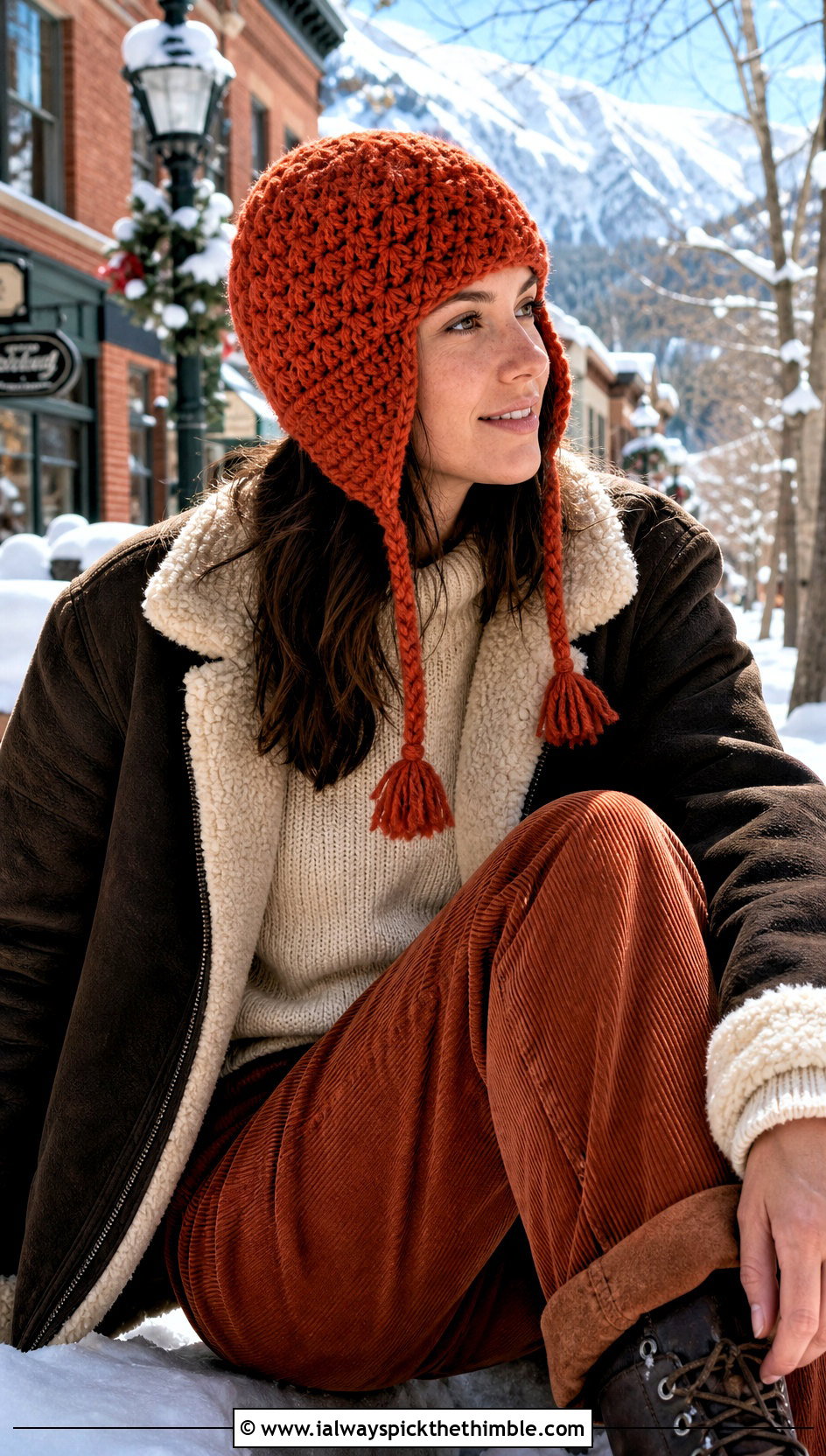 Crochet Earflap Hat With Shearling Jacket And Corduroy Pants - 20 beginner crochet hat outfit ideas