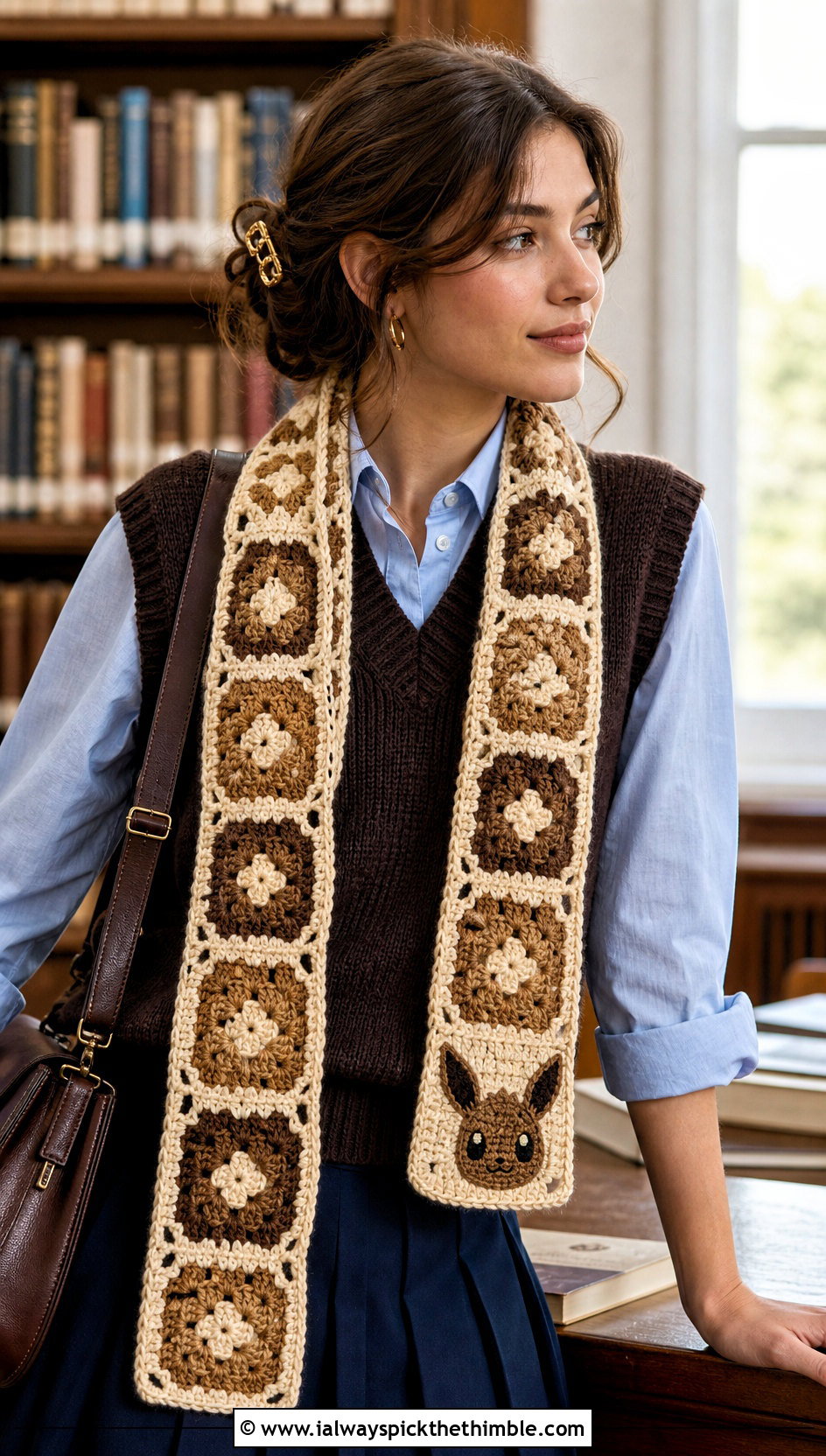 Crochet Eevee Granny Square Scarf With Preppy Outfit - 20 Crochet Pokemon Scarf outfit ideas