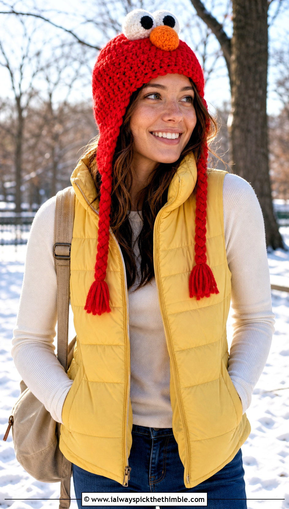 Crochet Elmo Earflap Hat With Puffer Vest - 15 Crochet Elmo Hat outfit ideas