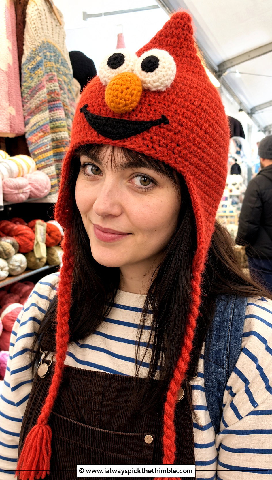 Crochet Elmo Pixie Hat With Corduroy Overalls - 15 Crochet Elmo Hat outfit ideas