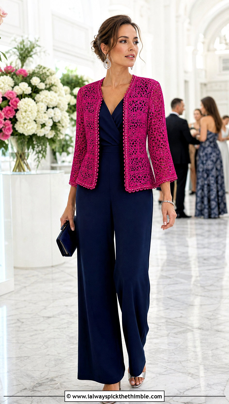 Crochet Evening Jacket With Wide Leg Jumpsuit - 25 crocheted jacket outfit ideas