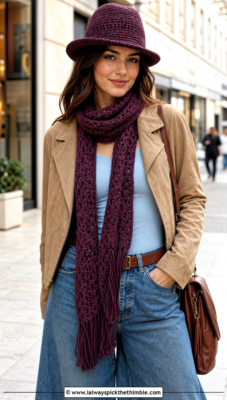 Crochet Fedora And Long Scarf With Wide Leg Jeans - 20 Crochet Scarf And Hat Set outfit ideas