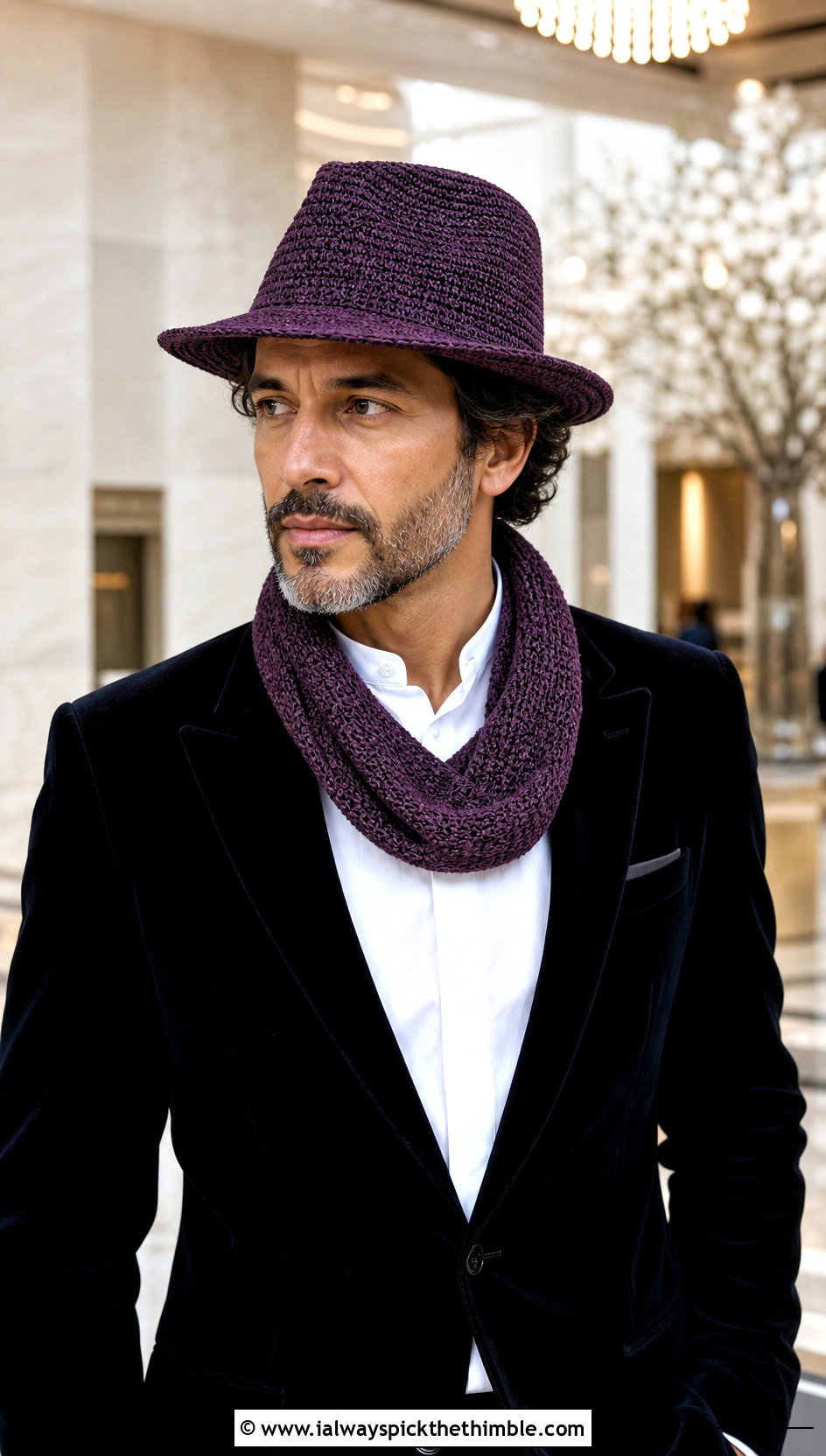 Crochet Fedora And Loop Scarf With Evening Blazer - 20 Crochet Mens Hat And Scarf outfit ideas