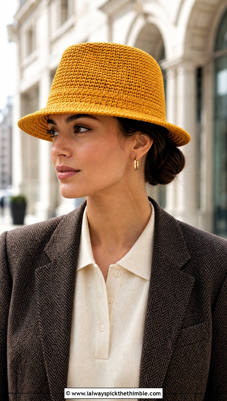 Crochet Fedora With Low Bun And Old Money Outfit - 20 crochet hat with hair outfit ideas