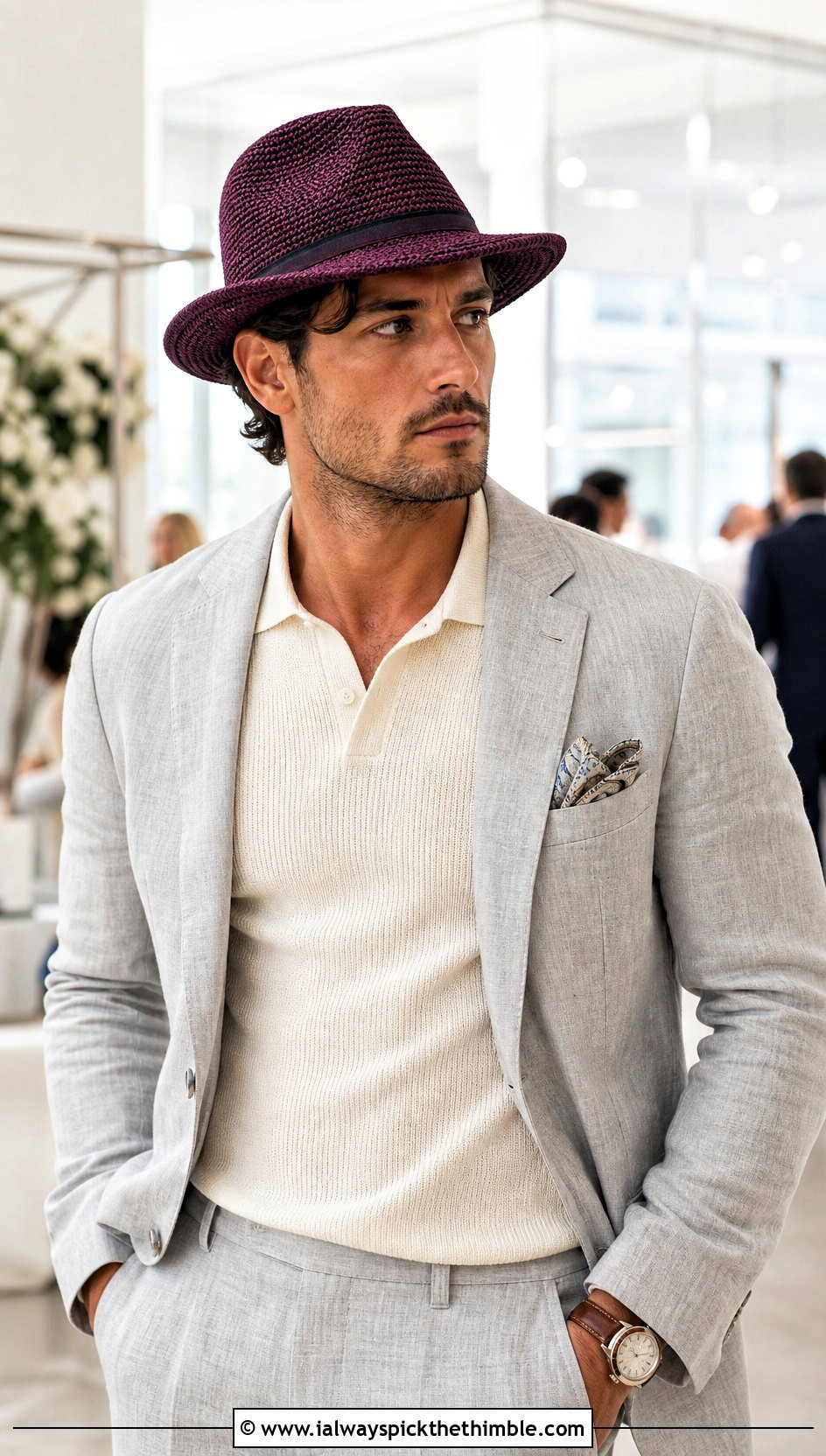 Crochet Fedora With Unstructured Suit And Loafers - 25 crochet hat for men outfit ideas