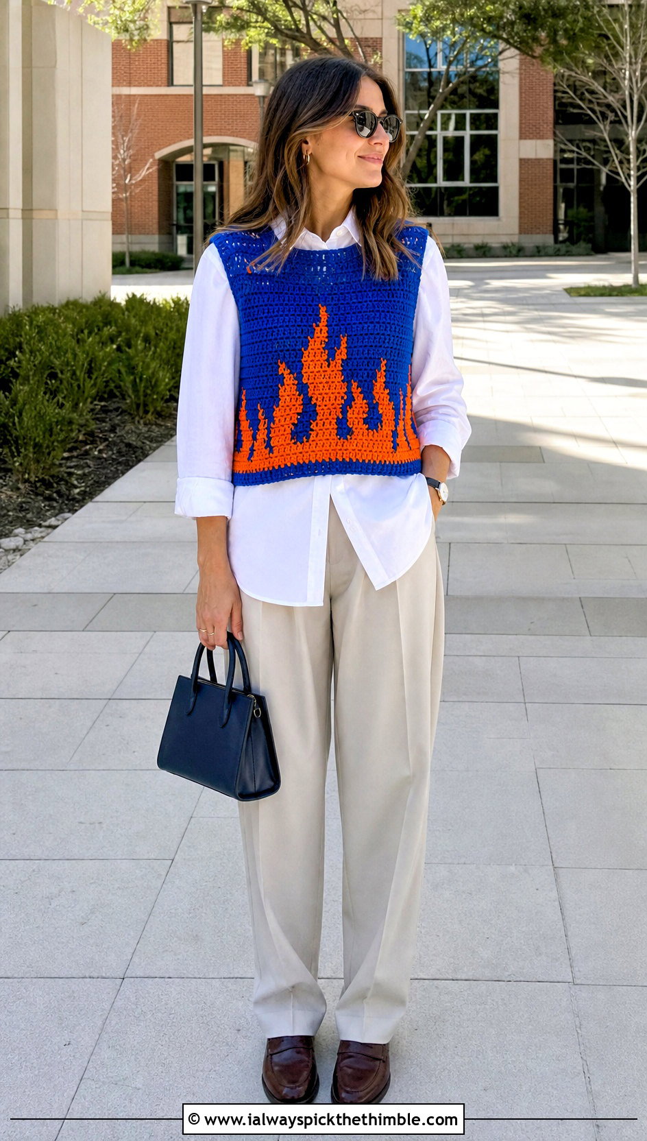 Crochet Fire Sweater Vest With White Shirt And Pleated Pants - 20 Crochet Fire Sweater outfit ideas