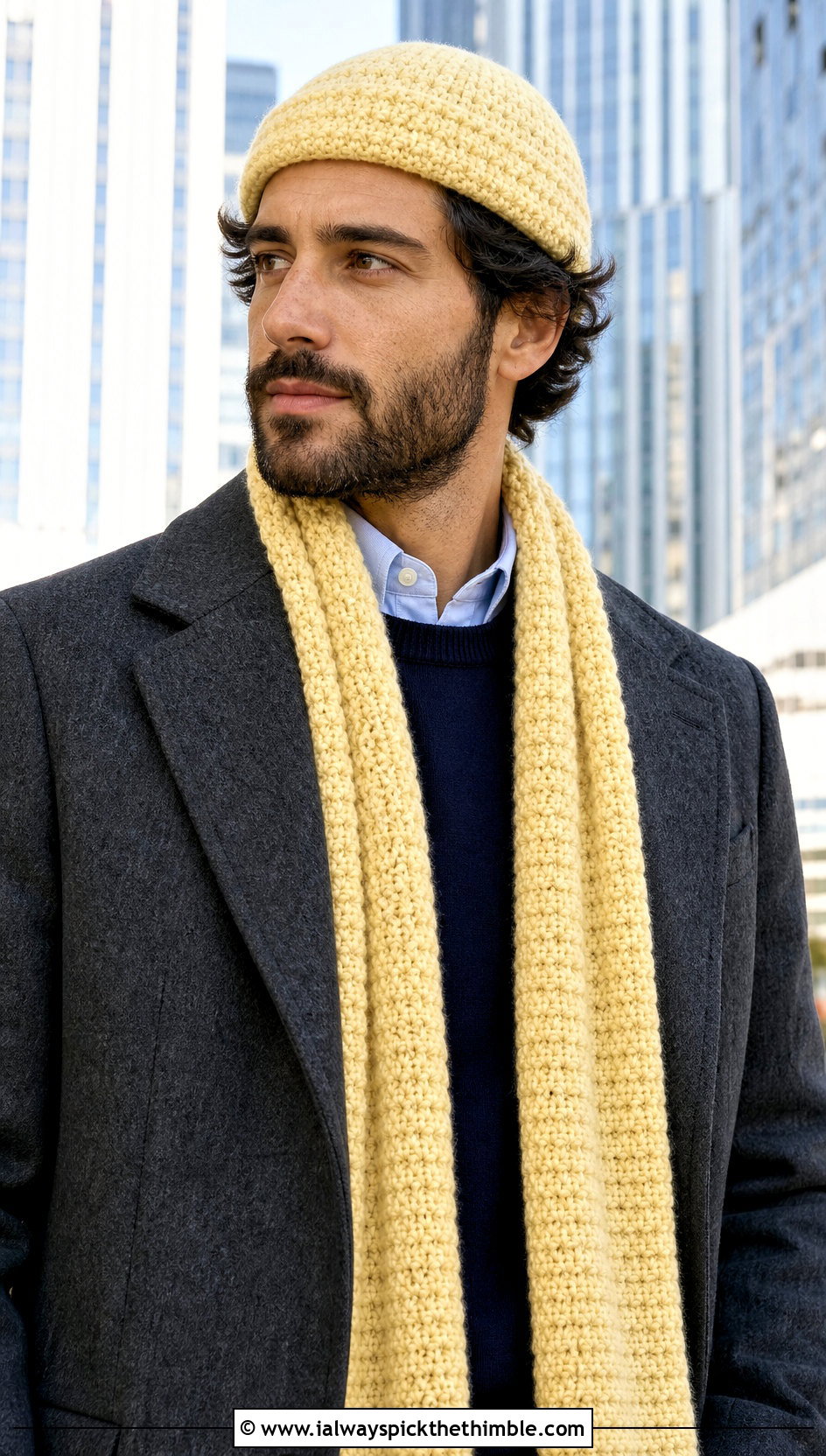 Crochet Fisherman Beanie And Moss Stitch Scarf With Wool Overcoat - 20 Crochet Mens Hat And Scarf outfit ideas