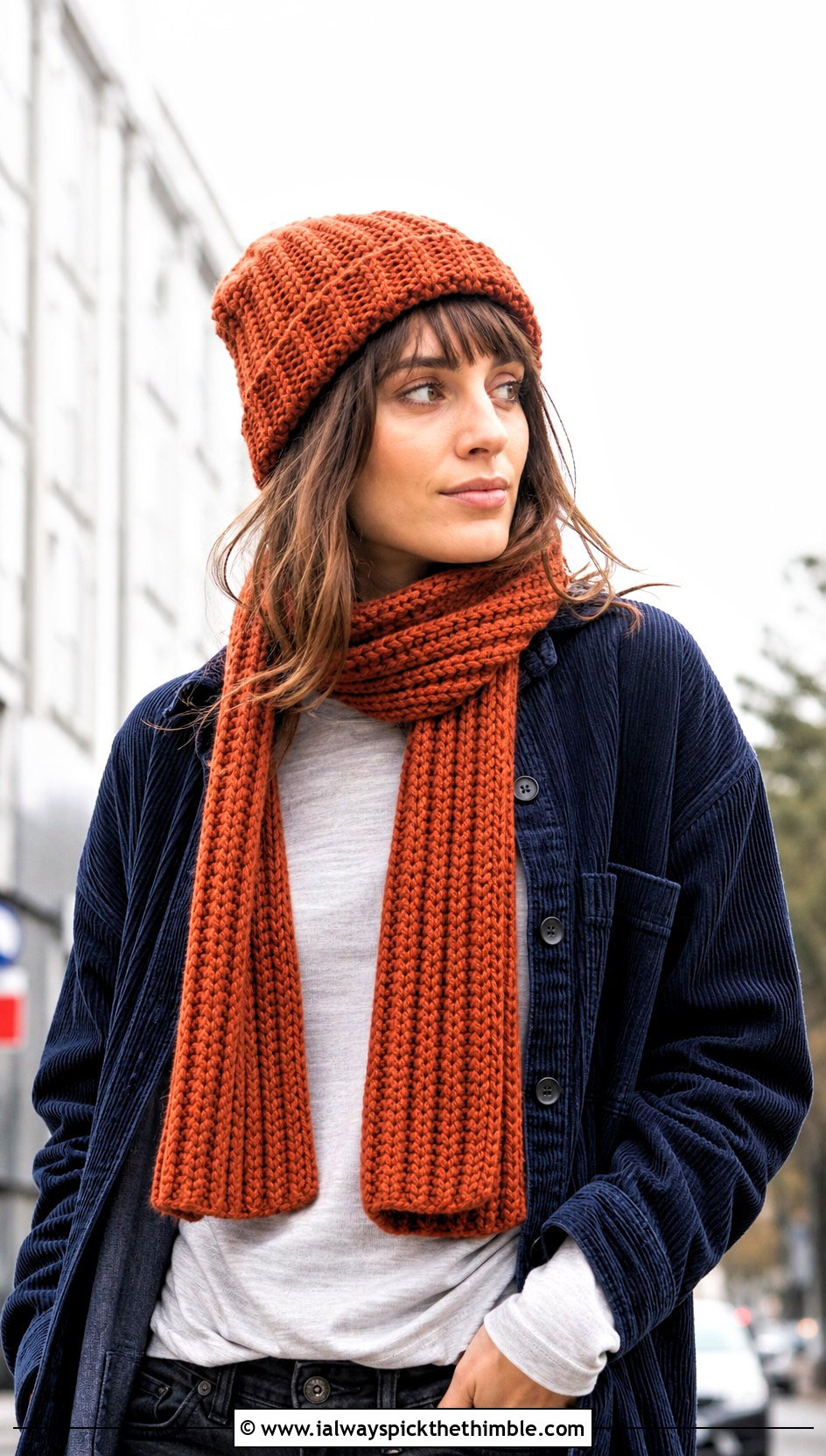 Crochet Fisherman Beanie And Ribbed Scarf With Overshirt - 20 crochet hat scarf outfit ideas