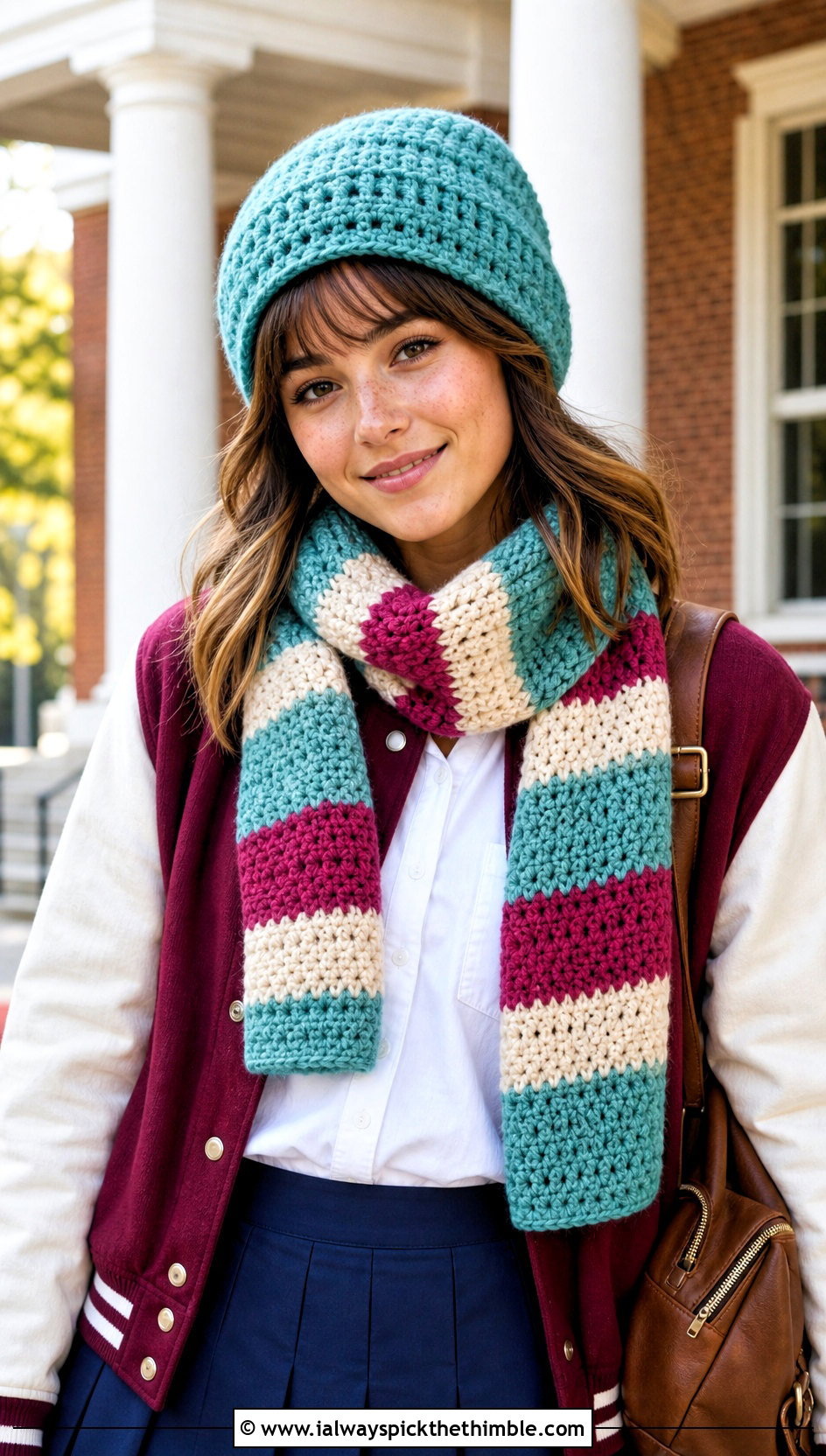 Crochet Fisherman Beanie And Striped Scarf With Varsity Jacket - 20 crochet hat and scarf outfit ideas