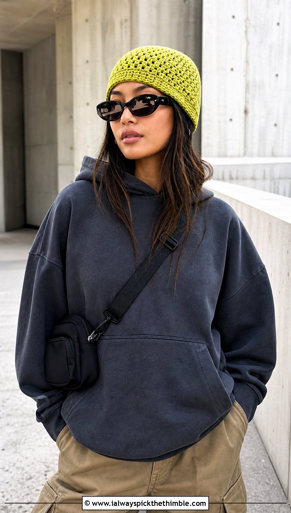 Crochet Fisherman Beanie With Hoodie and Cargo Pants - 20 fast crochet hat outfit ideas