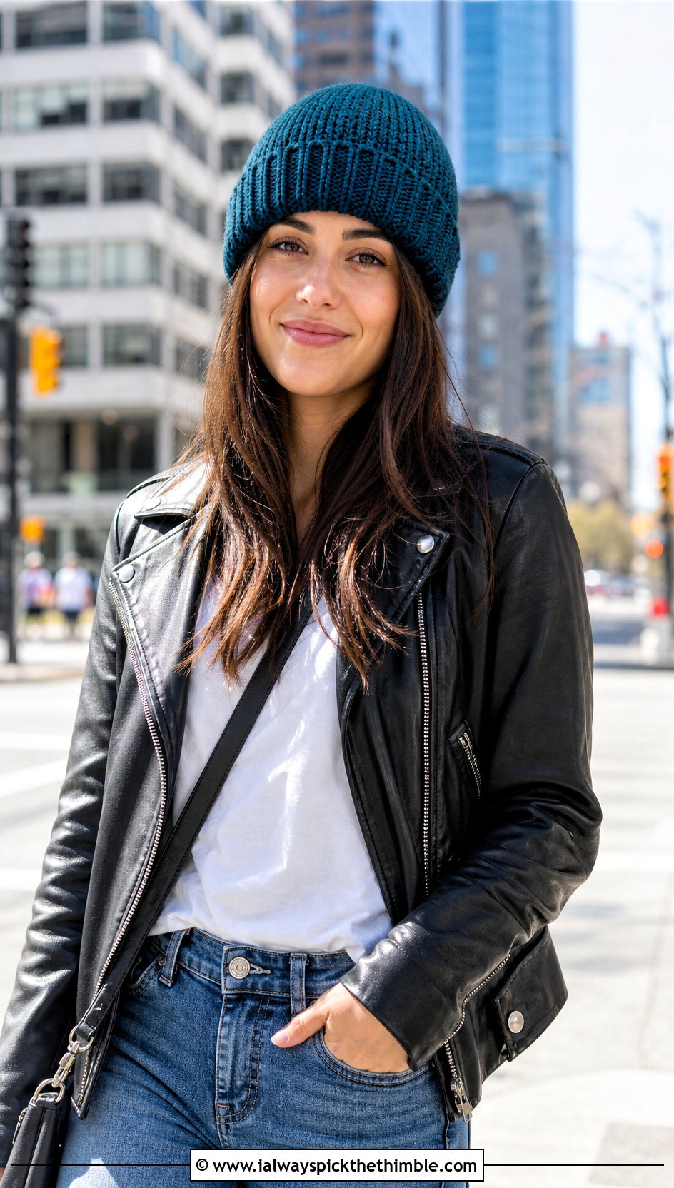 Crochet Fisherman Beanie With Leather Jacket And Straight Jeans - 20 Cool Crochet Hat Ideas
