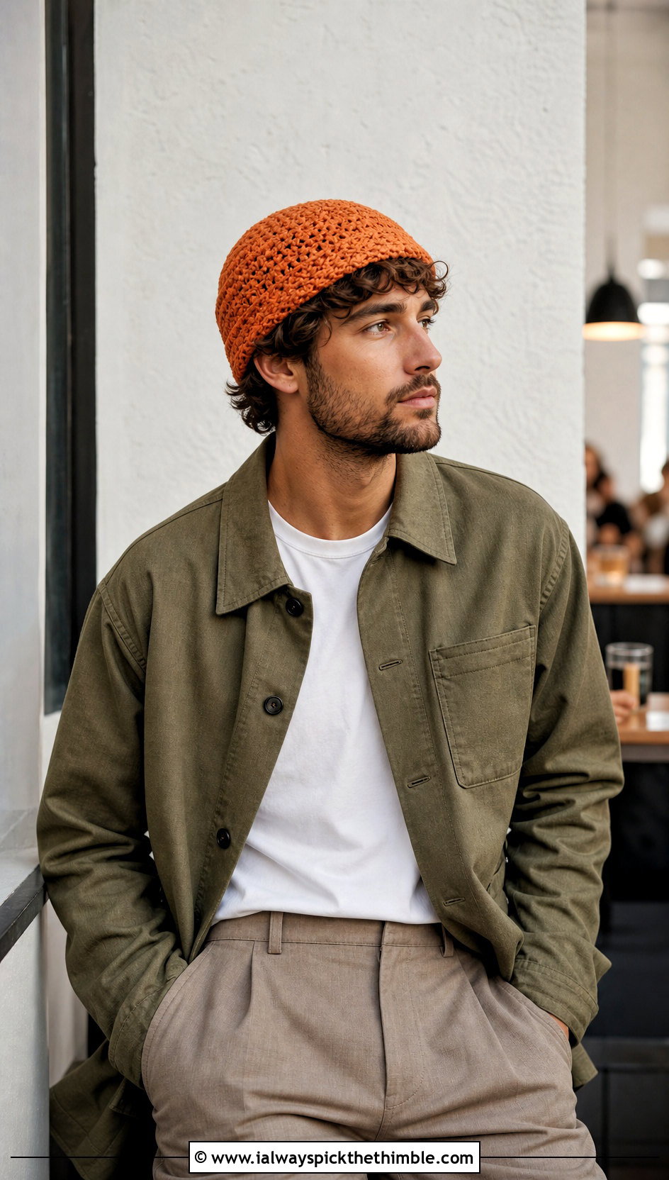 Crochet Fisherman Beanie With Overshirt And Pleated Pants - 20 men's crochet hats outfit ideas