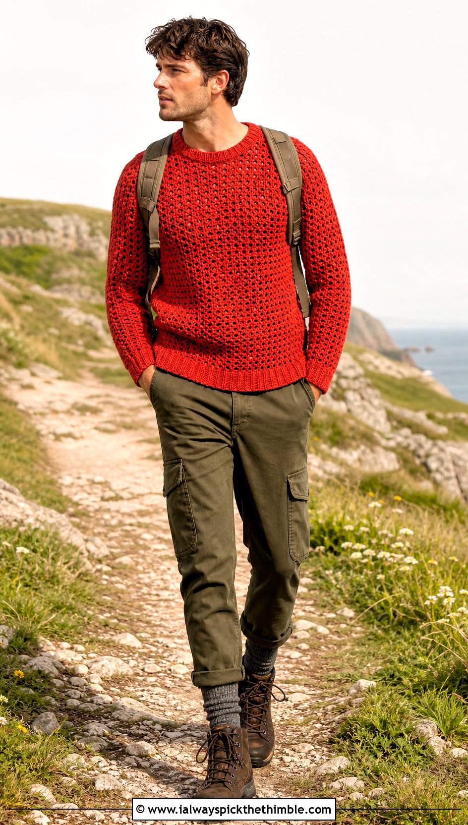 Crochet Fisherman Sweater With Utility Pants And Hiking Boots - 25 men's crochet sweater ideas