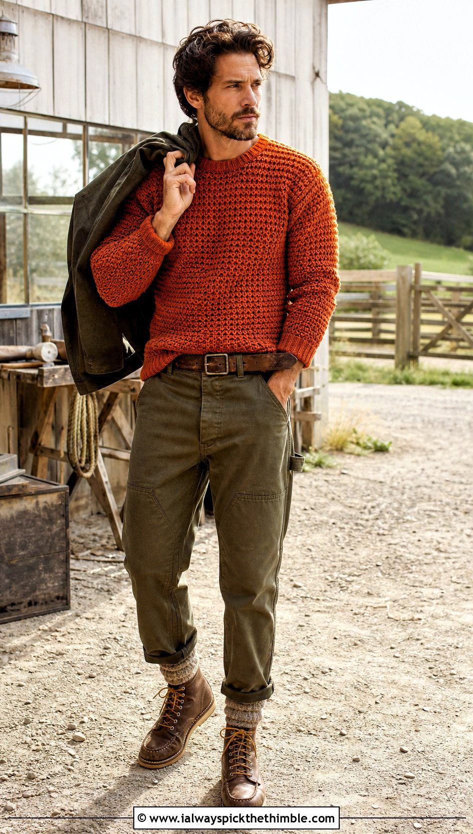 Crochet Fisherman Sweater With Workwear Pants - 20 crochet sweater for man outfit ideas