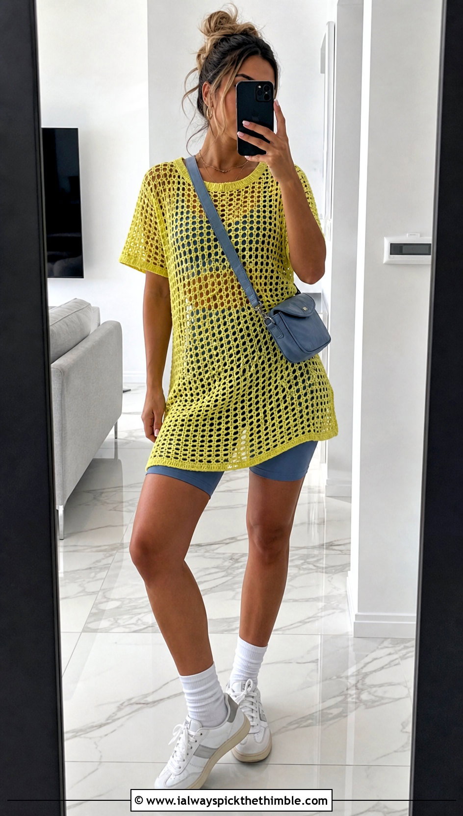 Crochet Fishnet T Shirt Dress With Bike Shorts - 15 Crochet Fishnet Dress outfit ideas