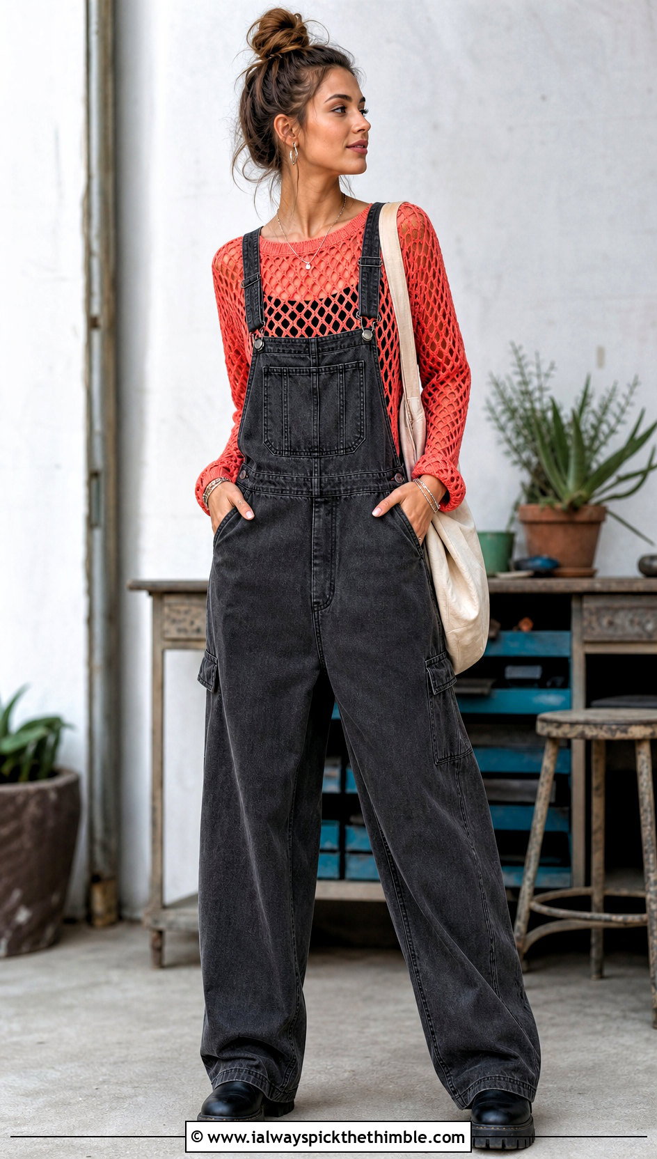 Crochet Fishnet Top With Denim Overalls - 25 Crochet Goth Clothes and outfit ideas
