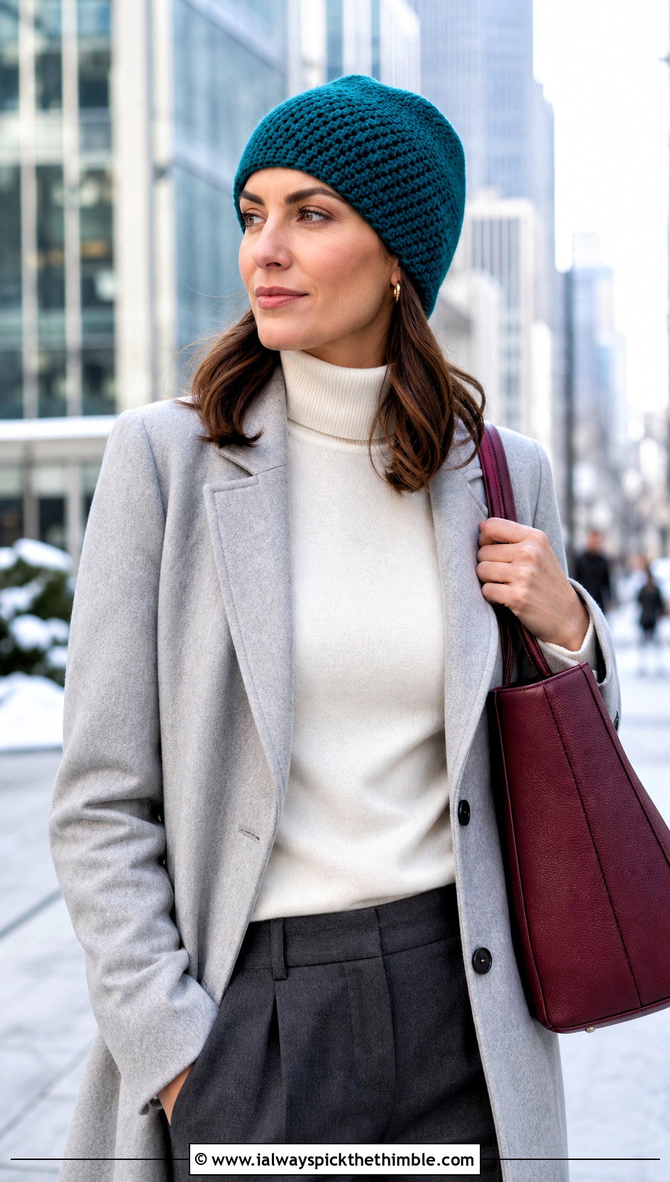 Crochet Fitted Beanie With Wool Coat And Tailored Trousers - 15 Ladies Crochet Hat outfit ideas