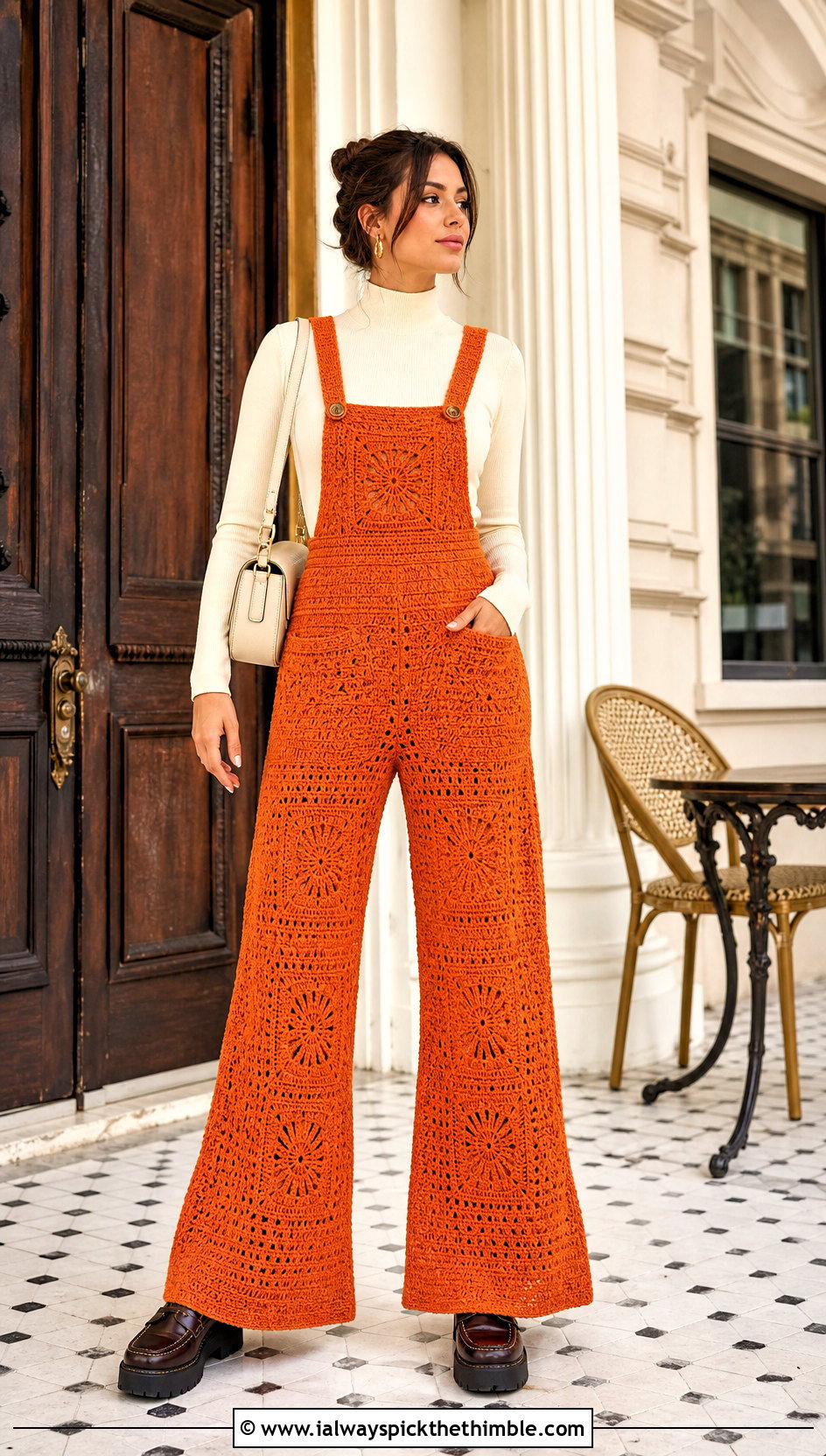 Crochet Flare Overalls With Mock Neck Top - 25 crochet overalls outfit ideas