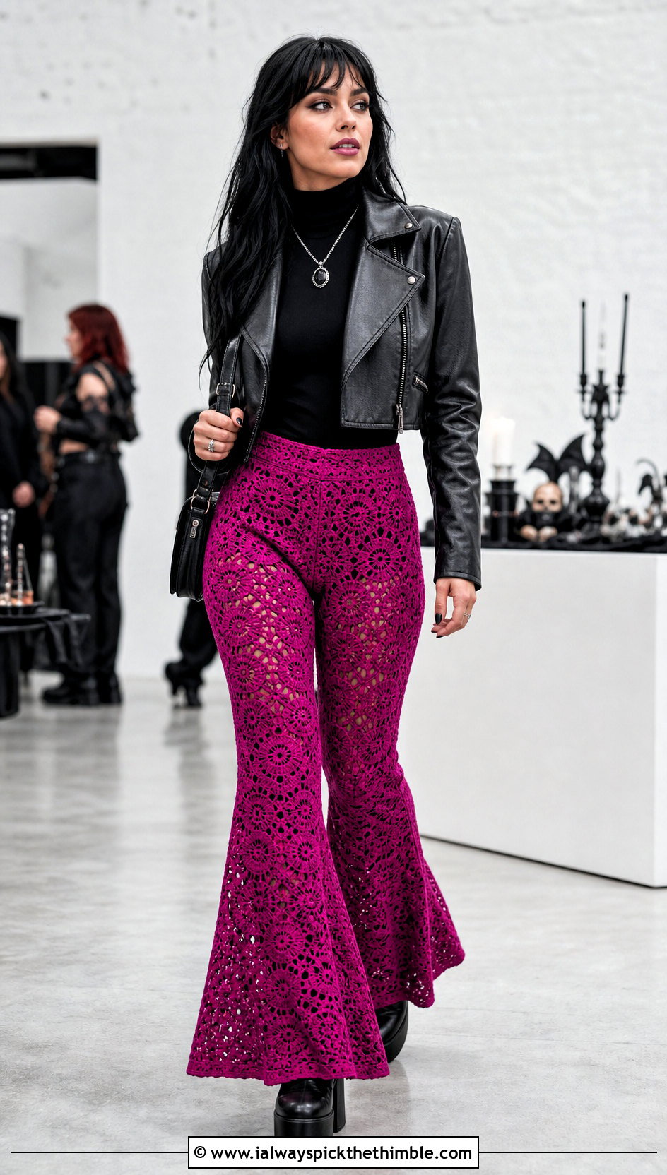 Crochet Flare Pants With Fitted Turtleneck - 25 Crochet Goth Clothes and outfit ideas