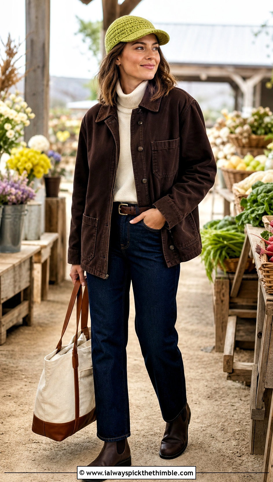 Crochet Flat Cap With Barn Jacket And Straight Jeans - 20 Wool Crochet Hat outfit ideas