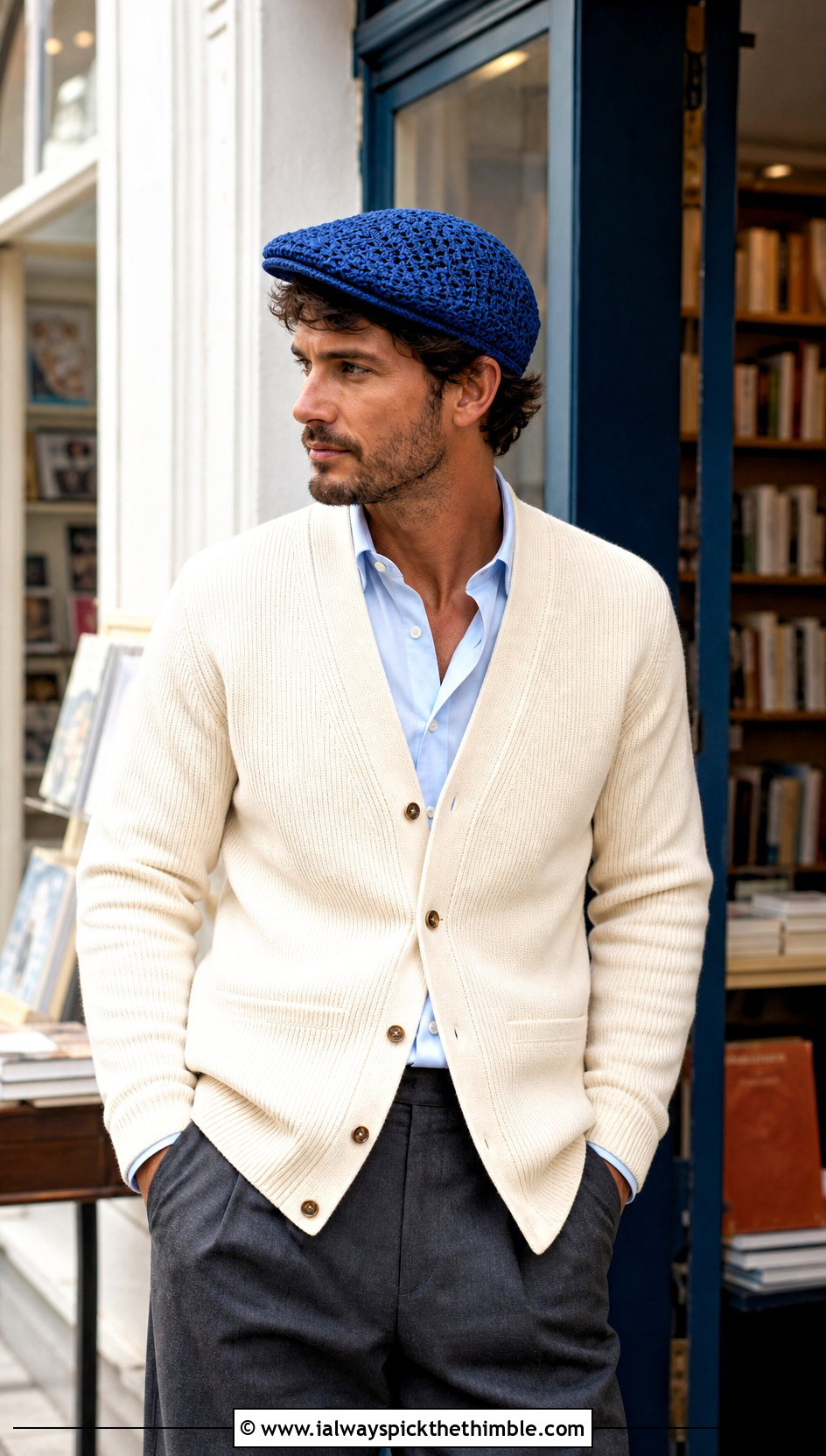 Crochet Flat Cap With Cardigan And Trousers - 25 crochet hat for man outfit ideas