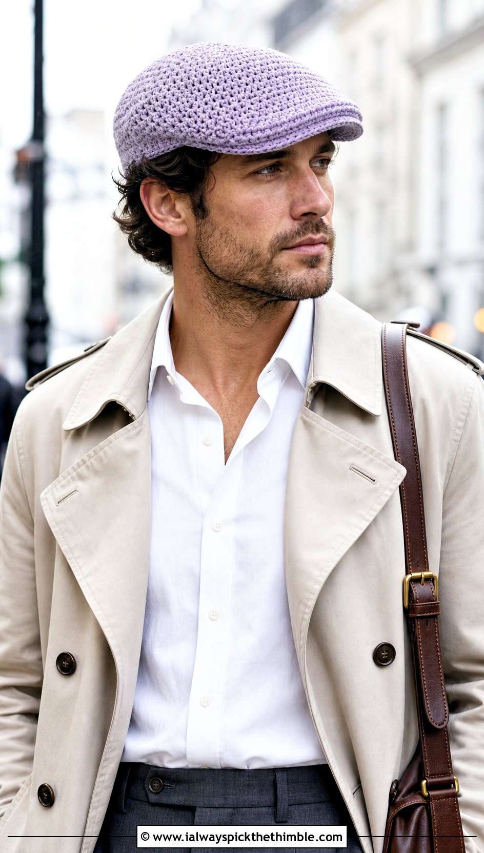 Crochet Flat Cap With Trench Coat And Tailored Trousers - 20 men's crochet hats outfit ideas