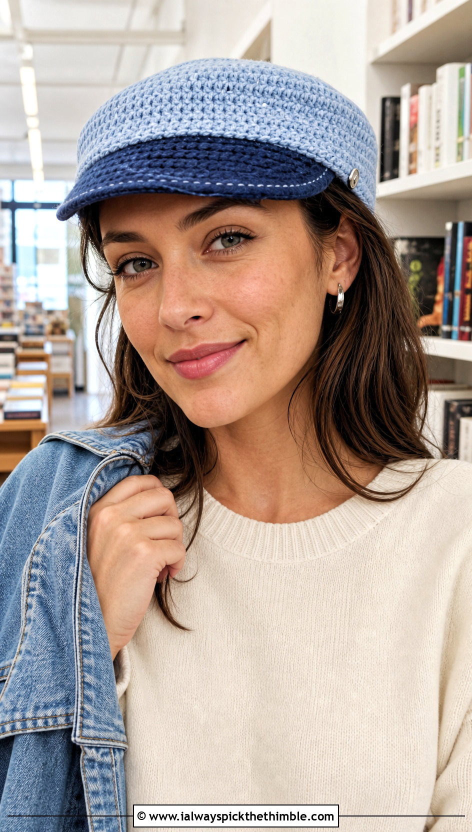 Crochet Flat Police Cap With Sweater And Jeans - 20 crochet police hat outfit ideas