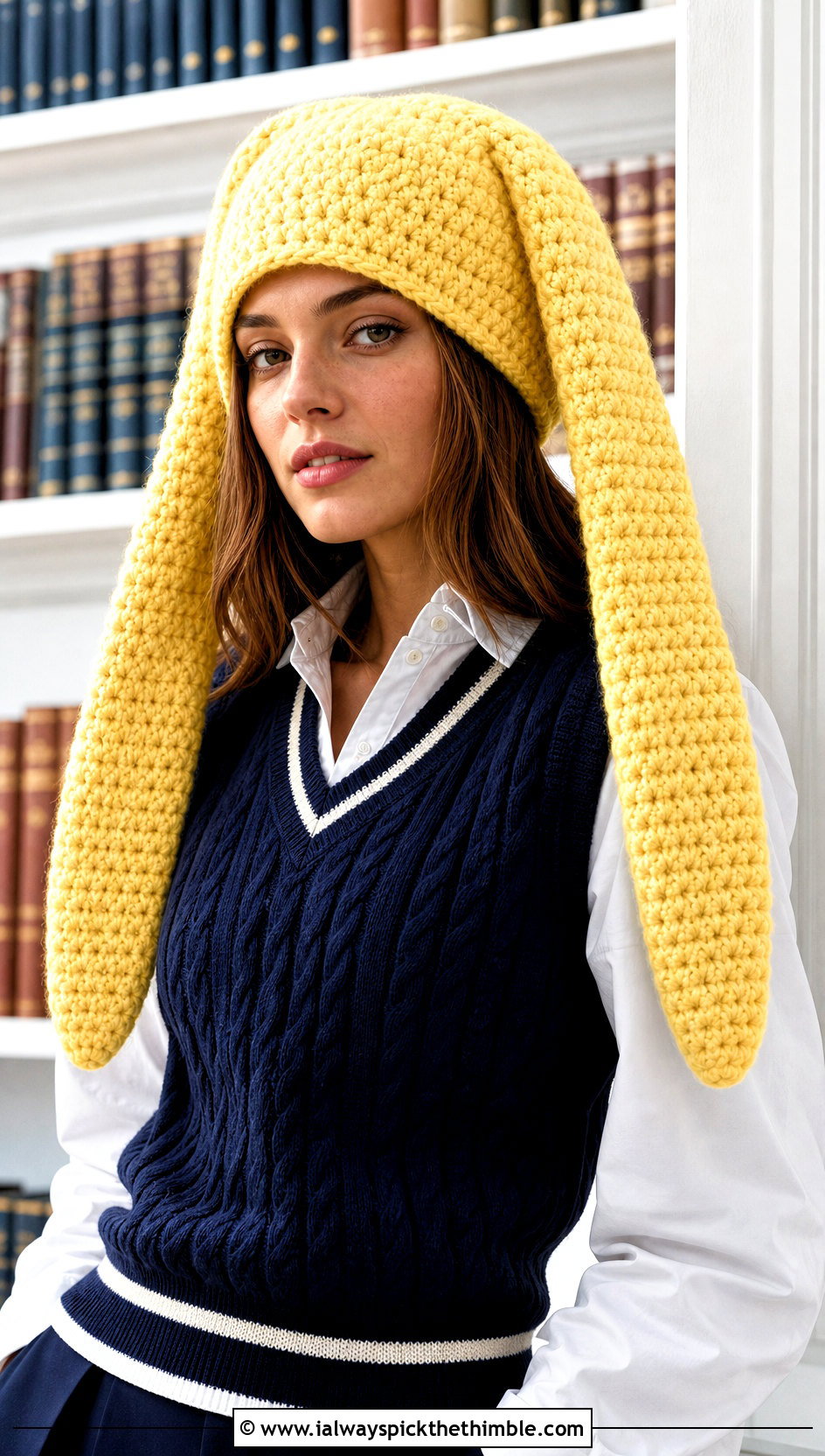 Crochet Floppy Bunny Ear Hat With Preppy Outfit - 25 crochet character hats outfit ideas