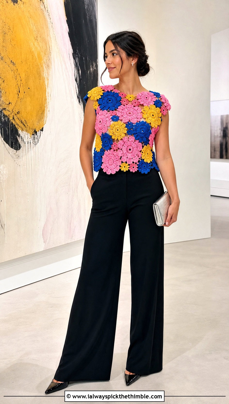 Crochet Floral Applique Top With Black Trousers - 25 Women Crochet Top outfit ideas