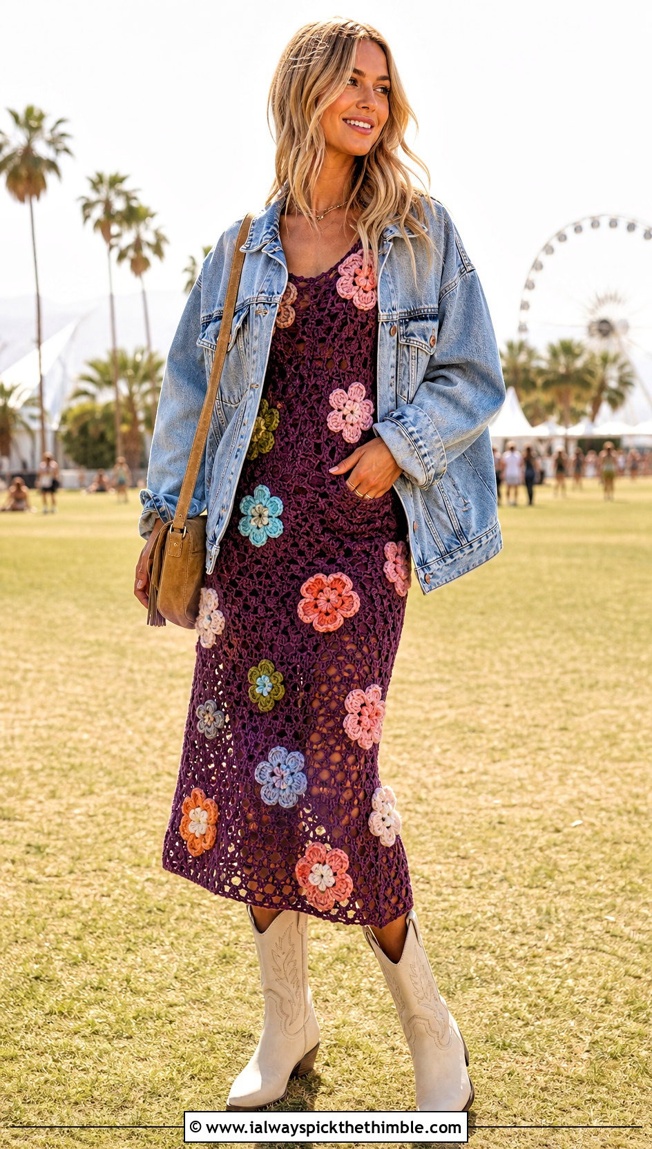 Crochet Flower Dress Festival Outfit With Denim Jacket - 20 Crochet Festival Outfit ideas