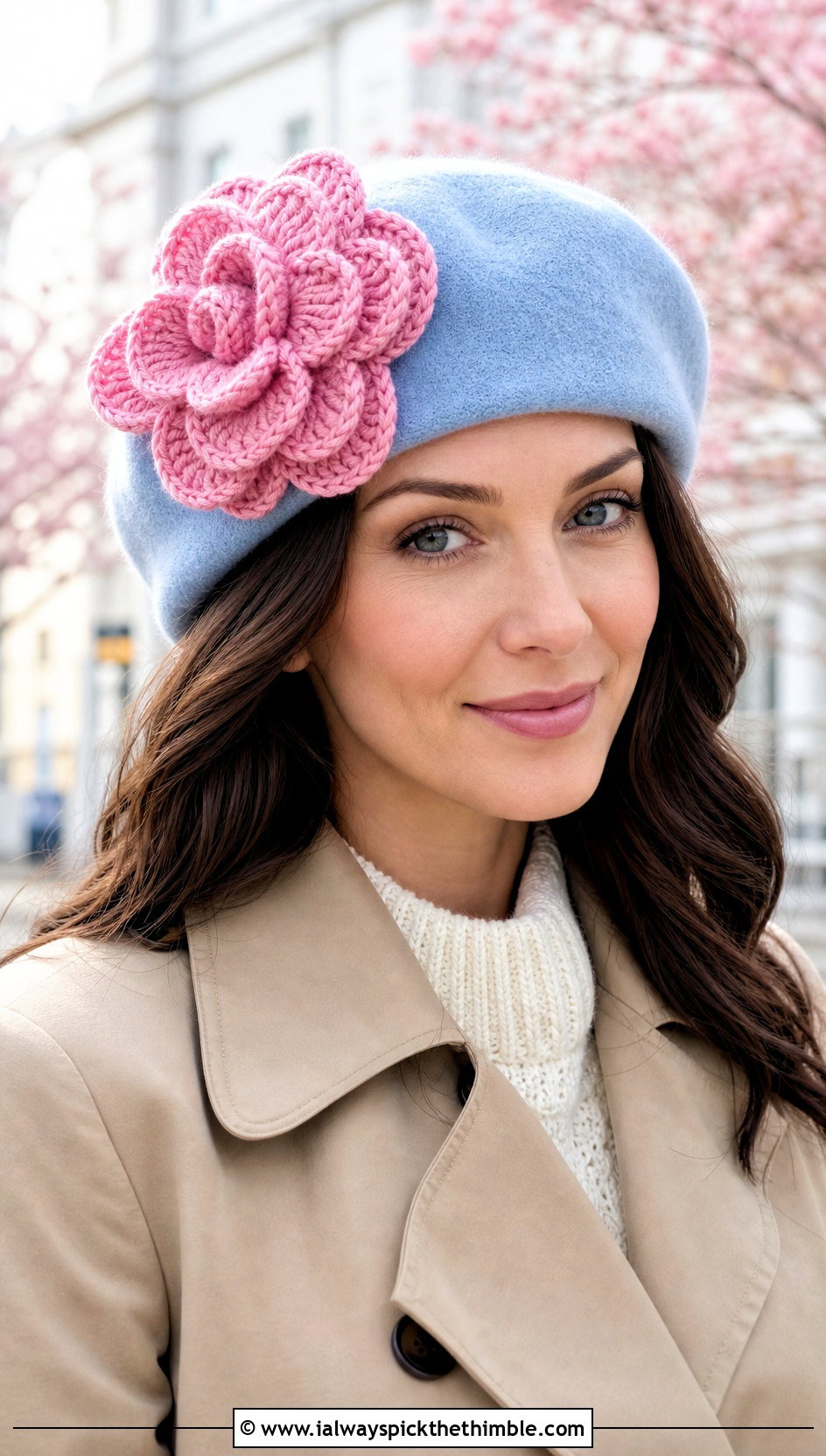 Crochet Flower Hat Topper With Trench Coat - 20 Crochet Hat Toppers Ideas