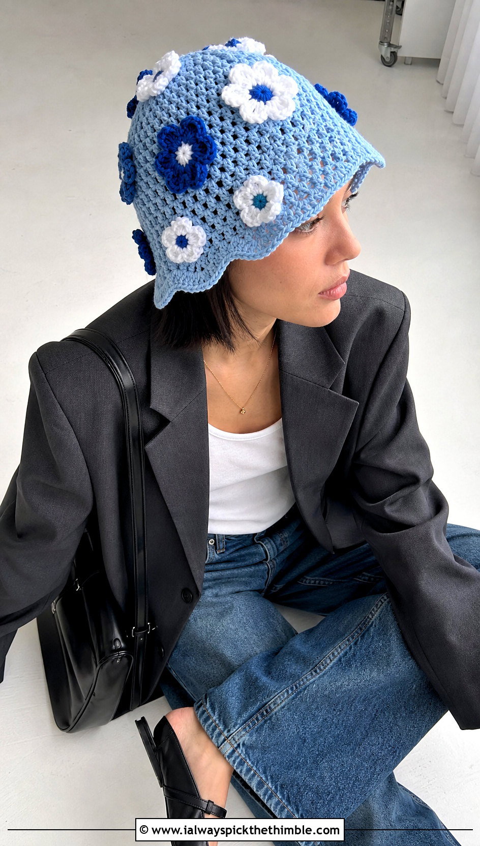 Crochet Flower Hat With Blazer And Loose Jeans - 20 Cool Crochet Hat Ideas