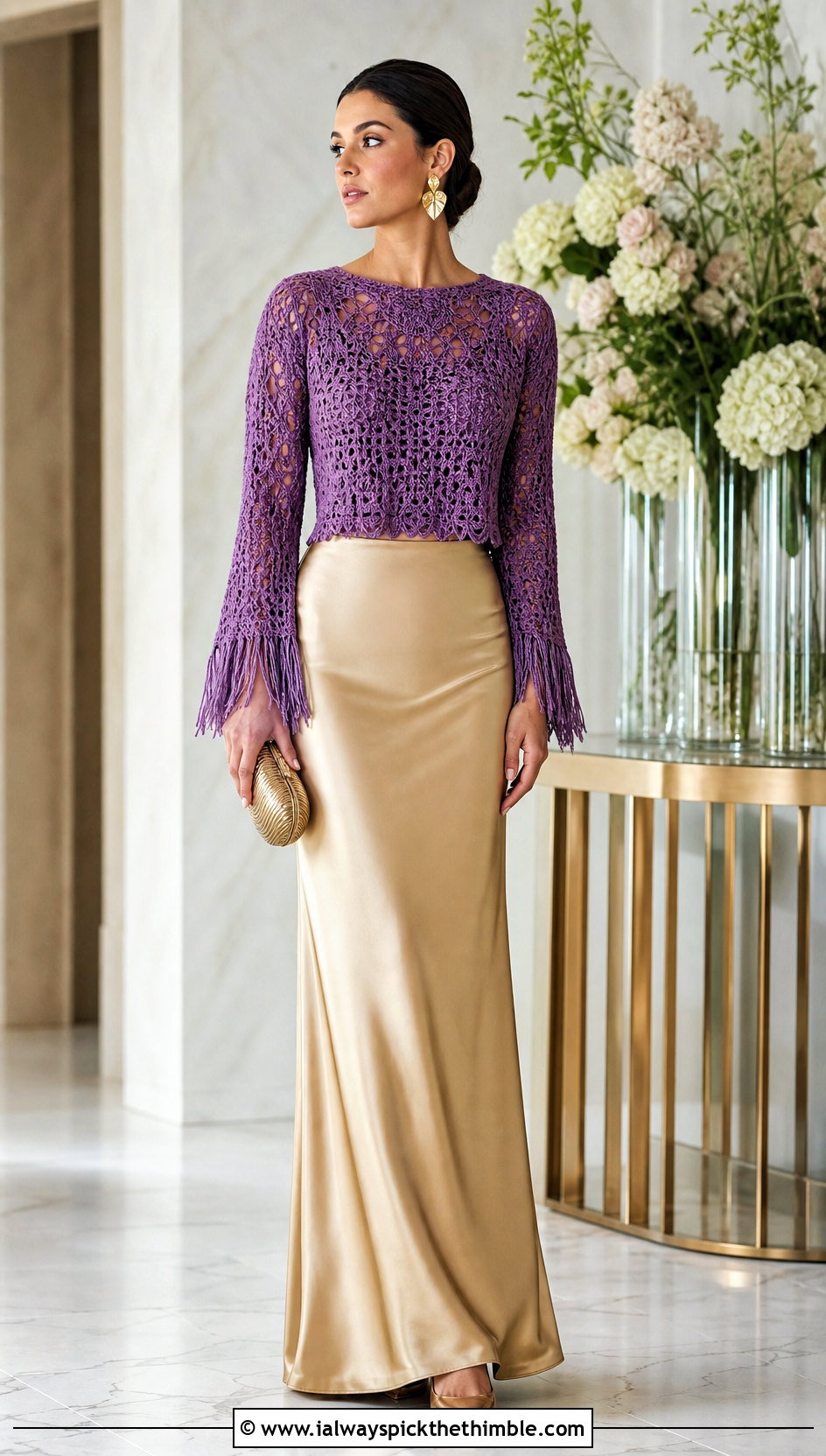 Crochet Fringe Blouse Top With Column Skirt - 25 Crochet Fringe Top outfit ideas