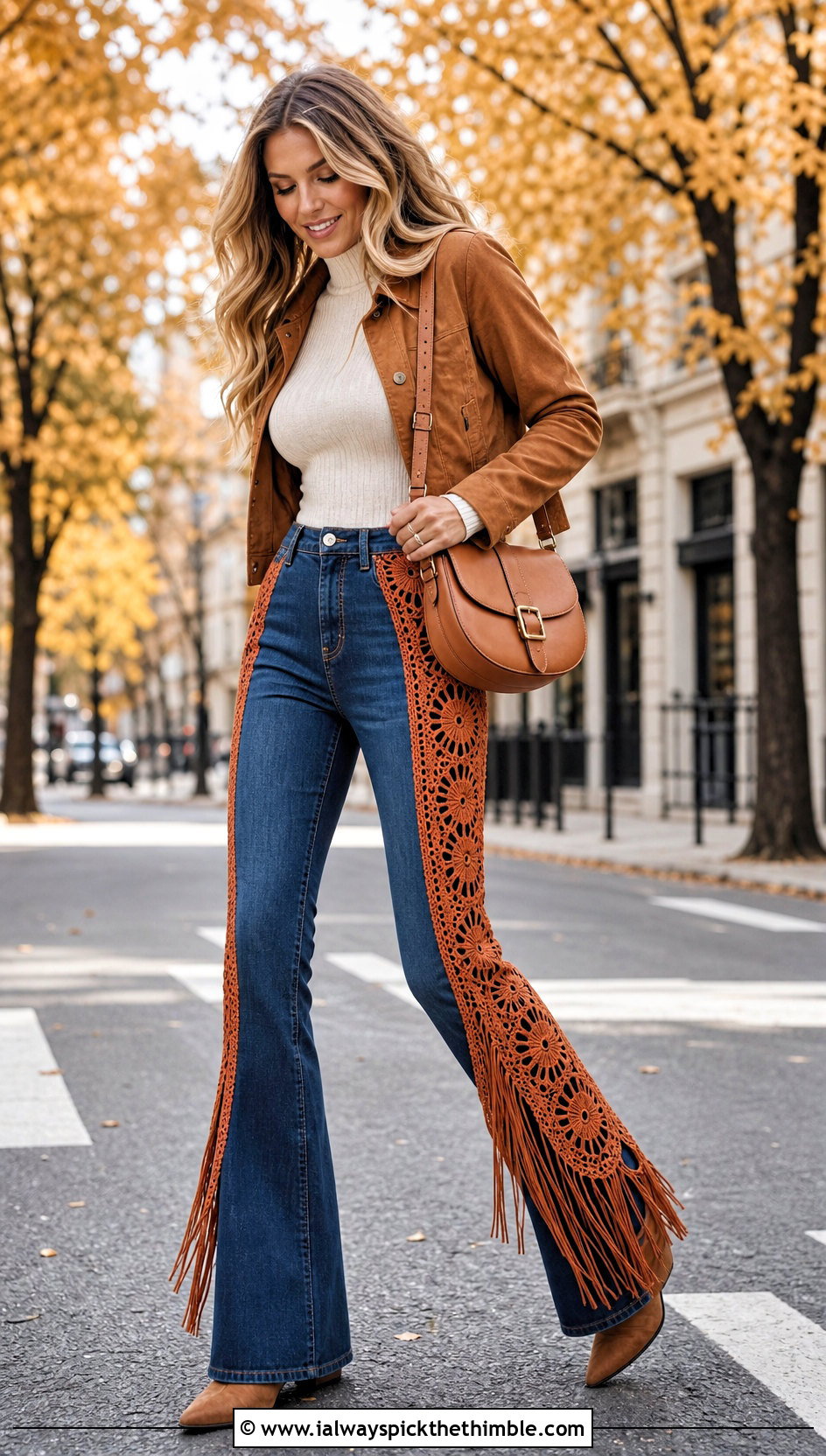 Crochet Fringe Bootcut Jeans With Suede Jacket - 20 crochet denim pants outfit ideas