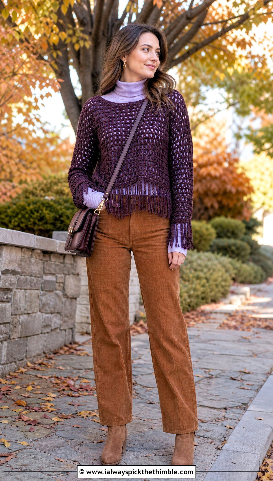 Crochet Fringe Long Sleeve Top With Corduroy Pants - 15 crochet tops with fringes outfit ideas