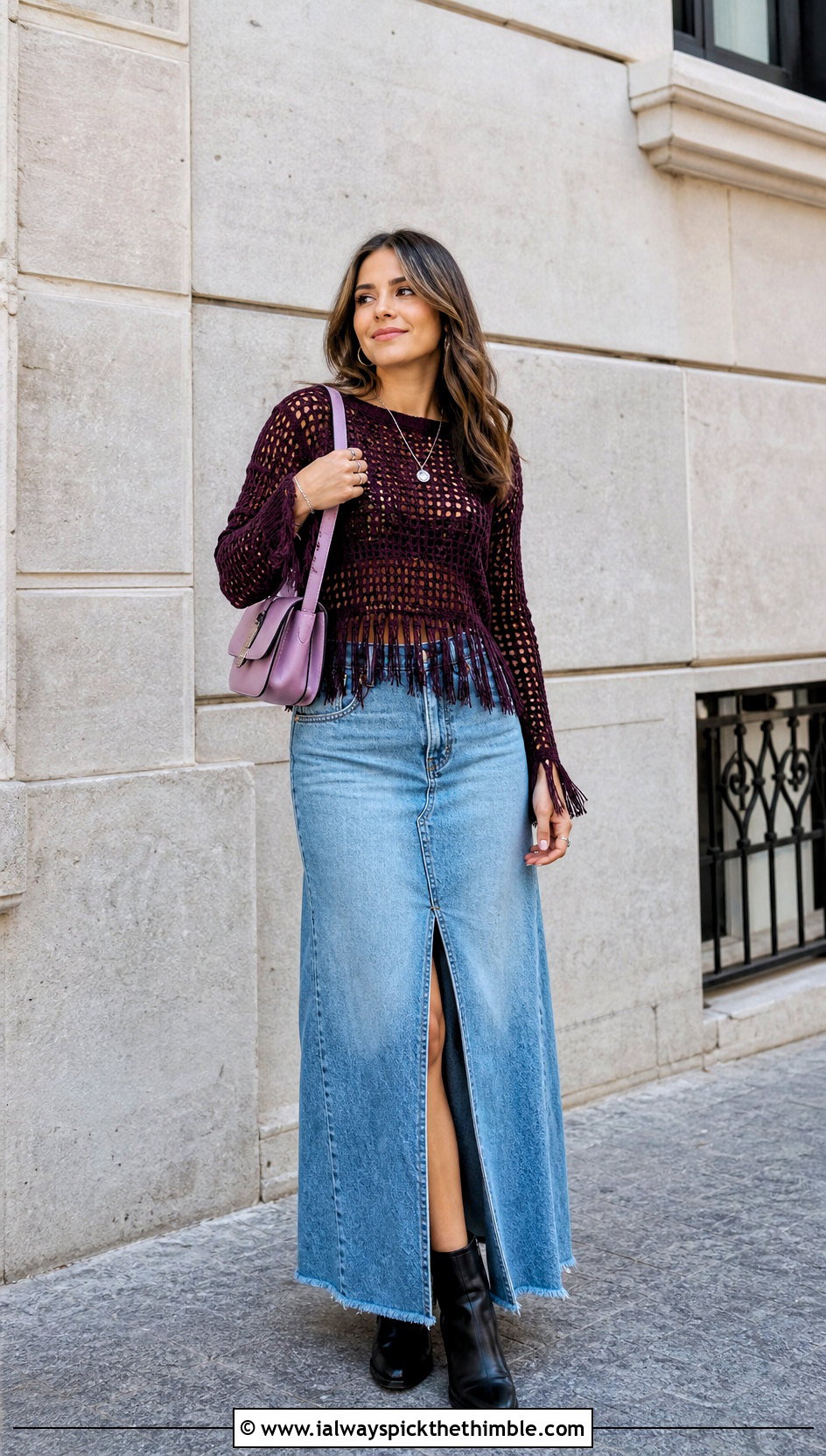 Crochet Fringe Long Sleeve Top With Denim Maxi Skirt - 25 Crochet Fringe Top outfit ideas
