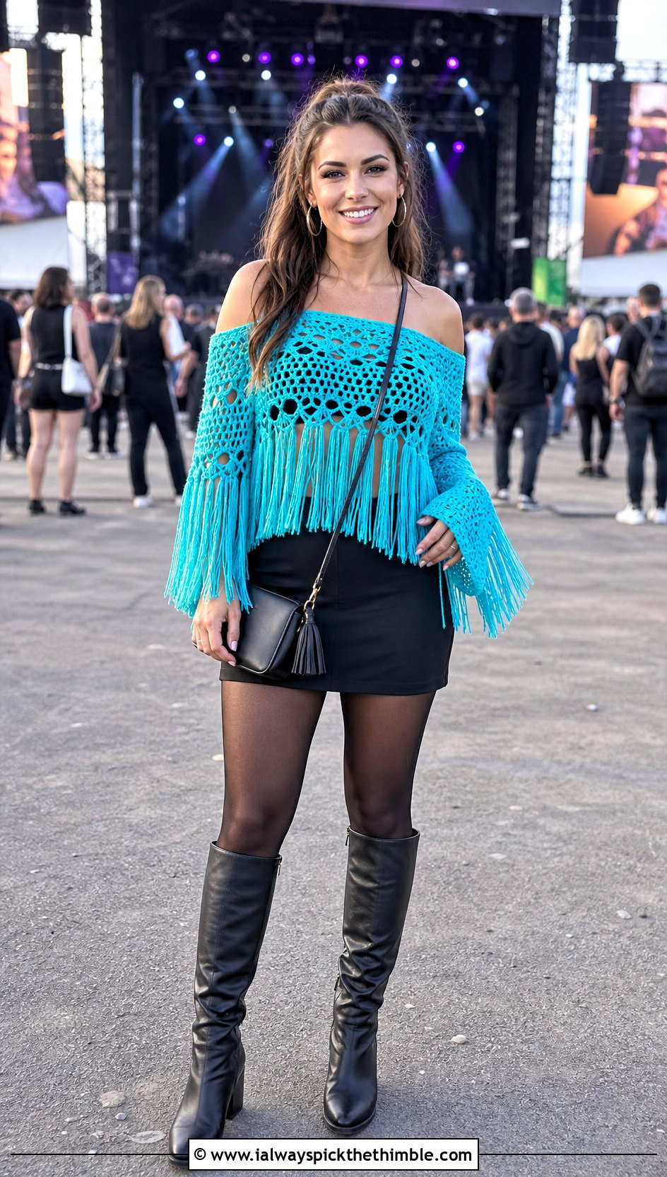 Crochet Fringe Off Shoulder Top With Mini Skirt And Boots - 15 crochet tops with fringes outfit ideas