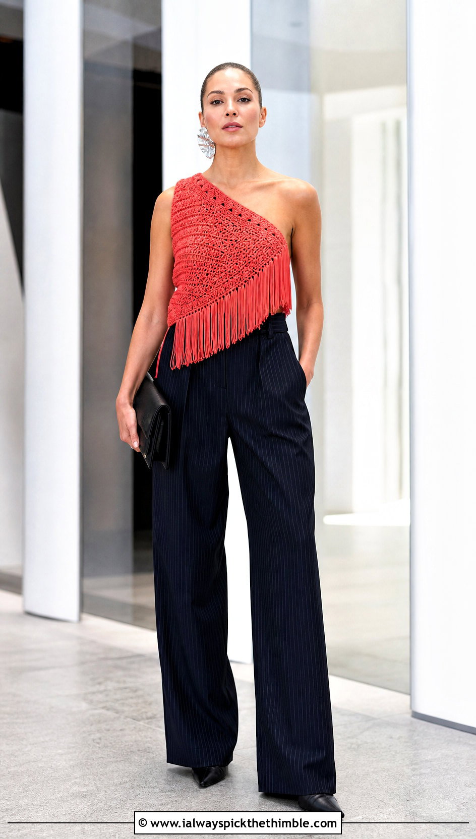 Crochet Fringe One Shoulder Top With Pinstripe Pants - 25 Crochet Fringe Top outfit ideas