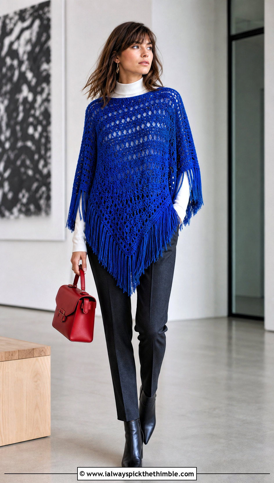 Crochet Fringe Poncho Sweater With Slim Tailored Pants - 20 Crochet Fringe Sweater outfit ideas