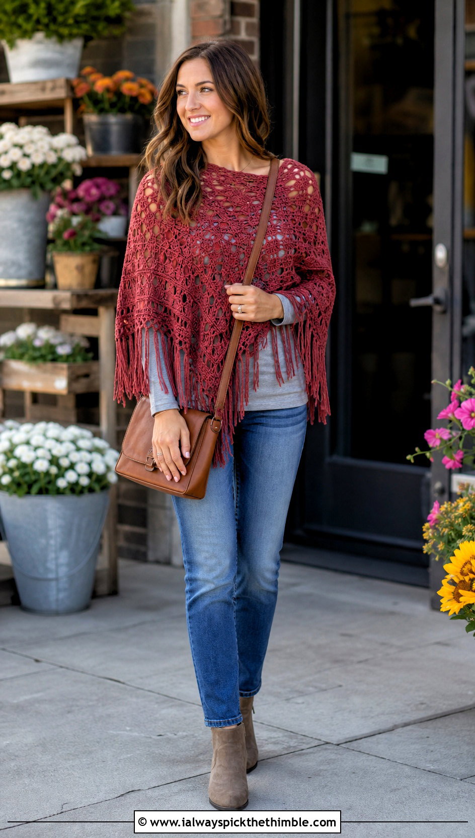 Crochet Fringe Poncho Top With Slim Jeans - 25 Crochet Fringe Top outfit ideas