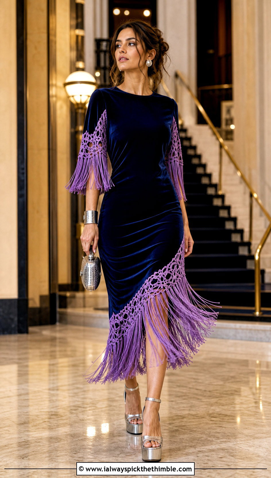 Crochet Fringe Velvet Midi Dress With Platform Heels - 20 crochet and fabric dress outfit ideas