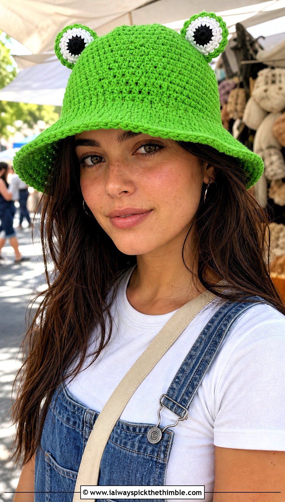 Crochet Frog Bucket Hat With Denim Overalls - 20 Crochet Silly Hats outfit ideas