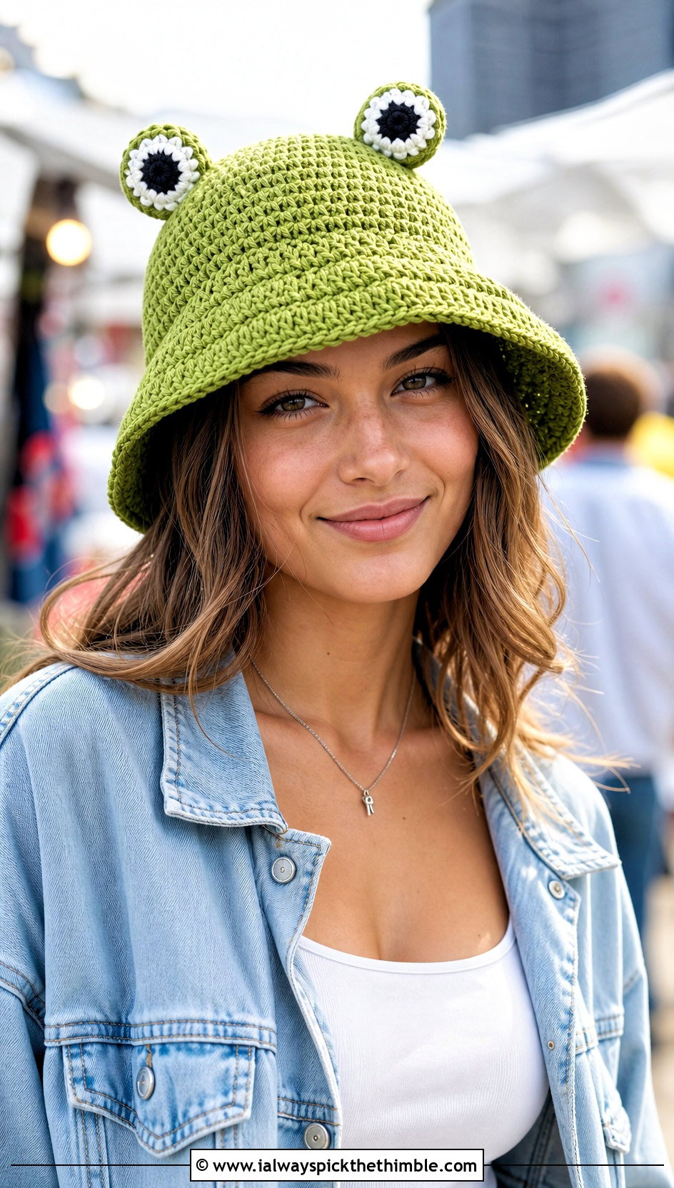 Crochet Frog Bucket Hat With Denim Utility Outfit - 25 crochet character hats outfit ideas