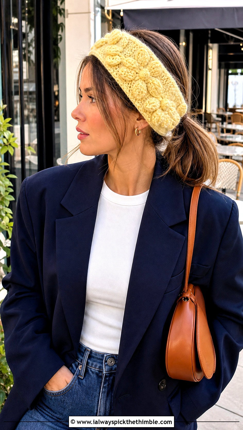 Crochet Frosted Petals Ear Warmer With Blazer And Wide Leg Jeans - 15 Crochet Frosted Petals Ear Warmer outfit ideas